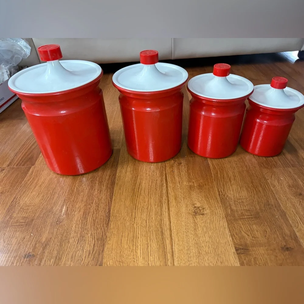 Vintage Kromex Orange Aluminum Canister Set 4 Pc Retro Mod Flower Power MCM